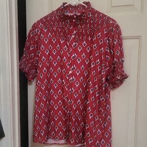 Stylish Red Patterned Women's Mock Neck Blouse